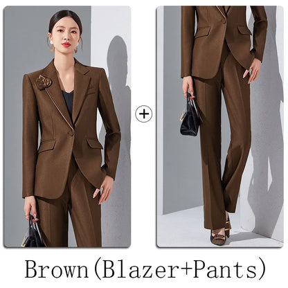 Women Blazer Pants Sets Apricot Appliques Two Pieces 2024 Autumn Work wear Trousers Formal Solid Color Long Sleeve Tops Pantsuit