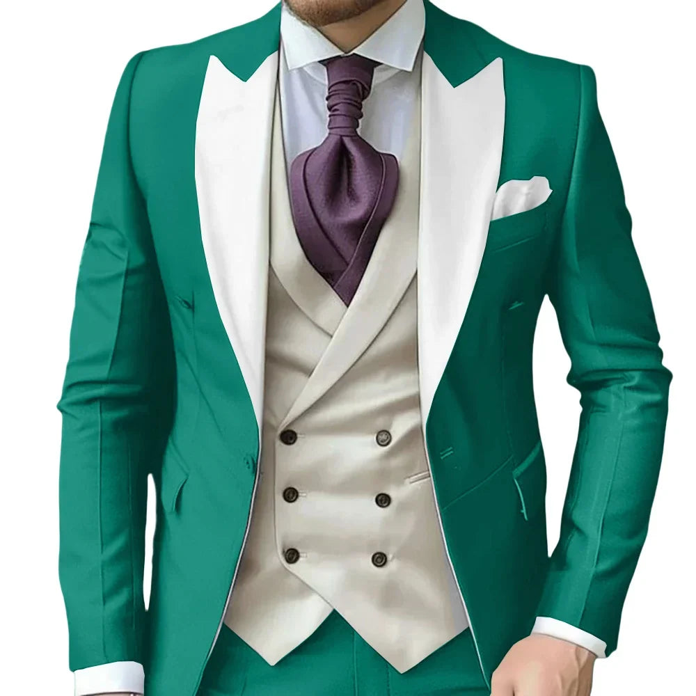 Fashionable Contrast Color Men's Suits 3 Pieces Jacket Vest Pants Dancing Sets Handsome Peak  Lapel Suit Set For Men Party Wear