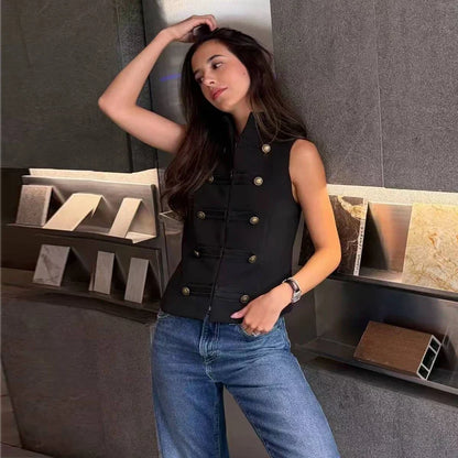 Button Up Vest Tops For Women Sleeveless Office Wear Khaki Crop Black Top Slim Fit Casual Waistcoat Top Zip Up Women’s Tops