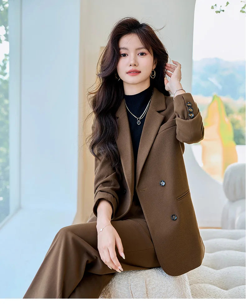Autumn Winter 2024 New Apricot Coffee Black Elegant Double Breasted Blazer Top And Women High Waist Wide Leg Pant Two Piece Set