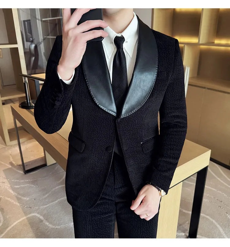 British Style PU Patchwork Suit for Men Casual Business Wedding Suits 2 Pieces Set (jacket+pant) Office Work Party Prom Suit