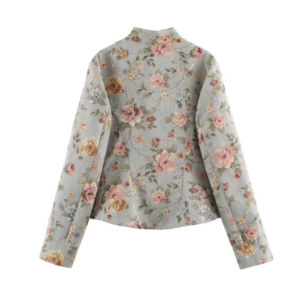 Elegant Chic Jacquard Blazers for Women New Spring & Autumn Raised Collar Buttoned Blazers with Asymmetric Hem and Patch Pockets