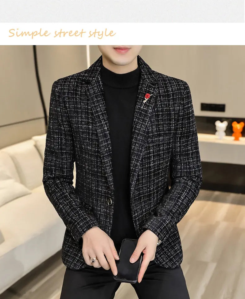 Korean Fashion Woven Suit Jacket for Men Autumn Slim Fit Casual Men Blazers Street Wear Social Business Dress Coats Men Clothing