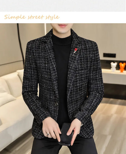 Korean Fashion Woven Suit Jacket for Men Autumn Slim Fit Casual Men Blazers Street Wear Social Business Dress Coats Men Clothing