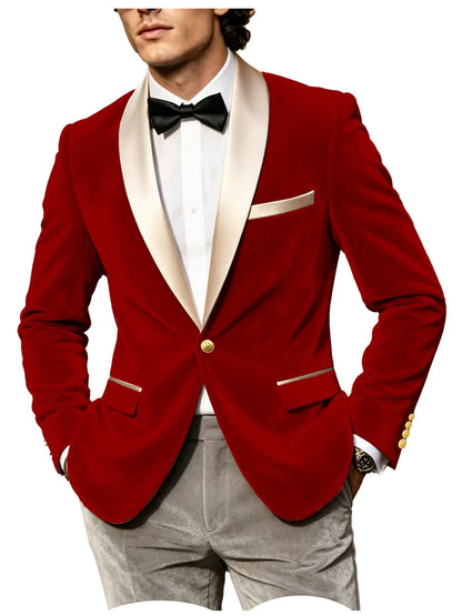 Men Velvet Tuxedo Jacket Champagne Satin Shawl Lapel Slim Fit Blazer Wedding Groom Party Prom Formal Western Dinner Suit Coat