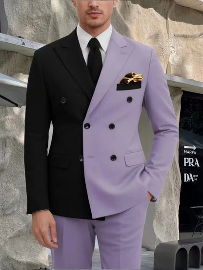 Fashion Contrast Man Suit Set 2 Pieces Jacket Pants Stage Performance Wear Premium Double Breasted Men's Tuxedo For Wedding