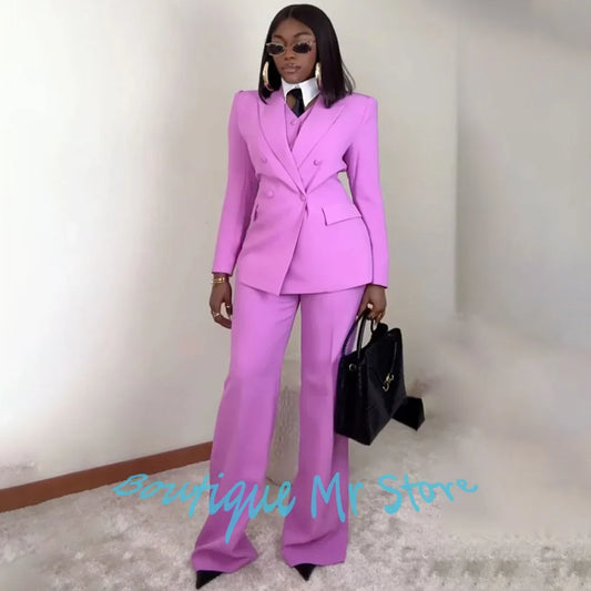 Elegant Women's Lavender Suits Double Breasted Tailored Set 3 Piece Jacket Vest Pants High Quality Formal Party Outerwears