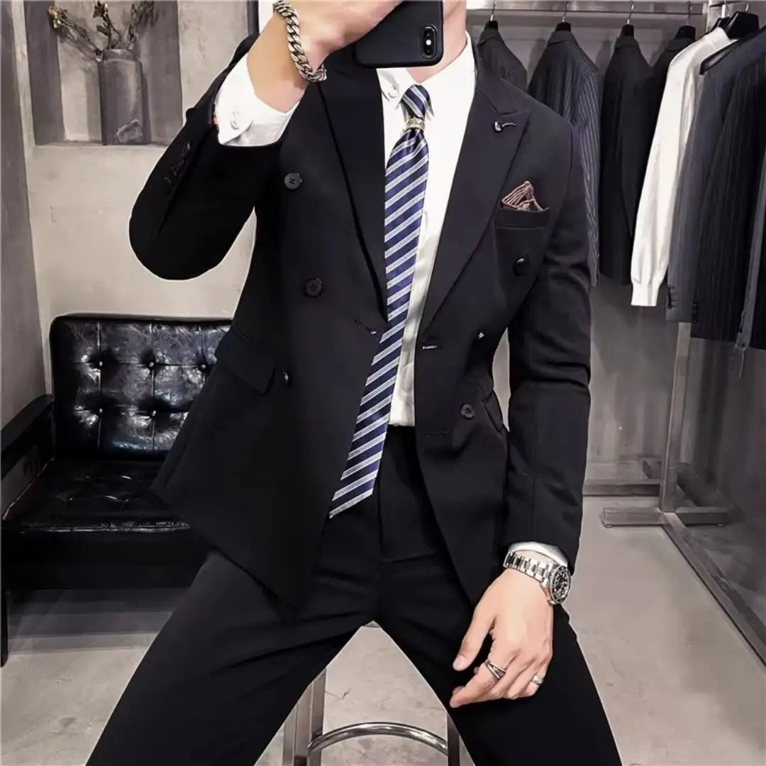 Men's 2 Piece Formal Business Suit Set with Tie Two Button Wedding Groomsmen Party Jacket And Pants Ensemble