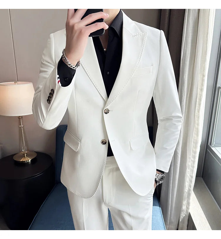 Jacket + Pants 2 Pieces Men's Elegant Fashion Slim Fit Suits Formal Business Wedding Tuxedos Casual Gentleman Solid Dress Suit