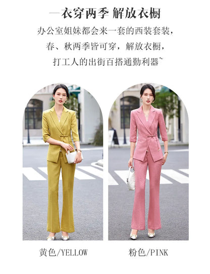 Chinese style Spring Summer Women Elegant Office Work Three Quarter Blazer Tops And Flare Pant Fashion Oversize Two Piece Suits