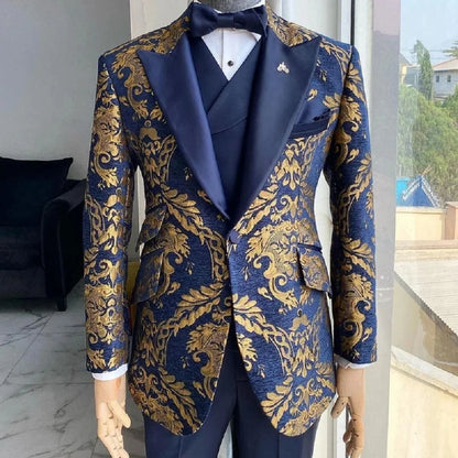 Jacquard Floral Tuxedo Suits for Men Wedding Suits Slim Fit Navy Blue and Gold Gentleman Male Costume ( Jacket+Vest+Pant)