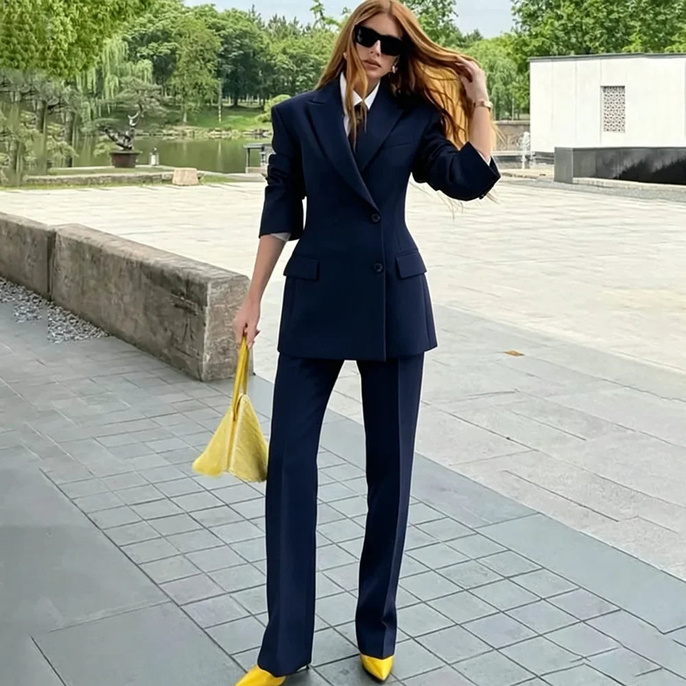 Chic Women Dark Gray Single Breasted Suit 2 Pieces Tailored Blazer+Trousers Set Elegant Office Formal Evening Party Outfit
