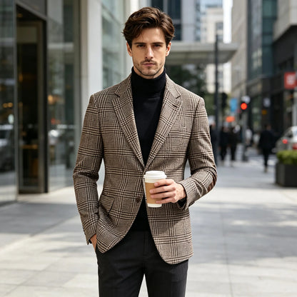 Vintage Wool Blend Plaid Men's Jackets Notched Collar Slim Fit Single Breasted Blazers With Suede Elbow Patches Business Casual