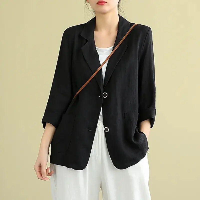 Casual Cotton and Linen Suit Jacket Women 2025 Spring and Summer New Loose solid Long-sleeved Blazer Woman Sunscreen Clothing
