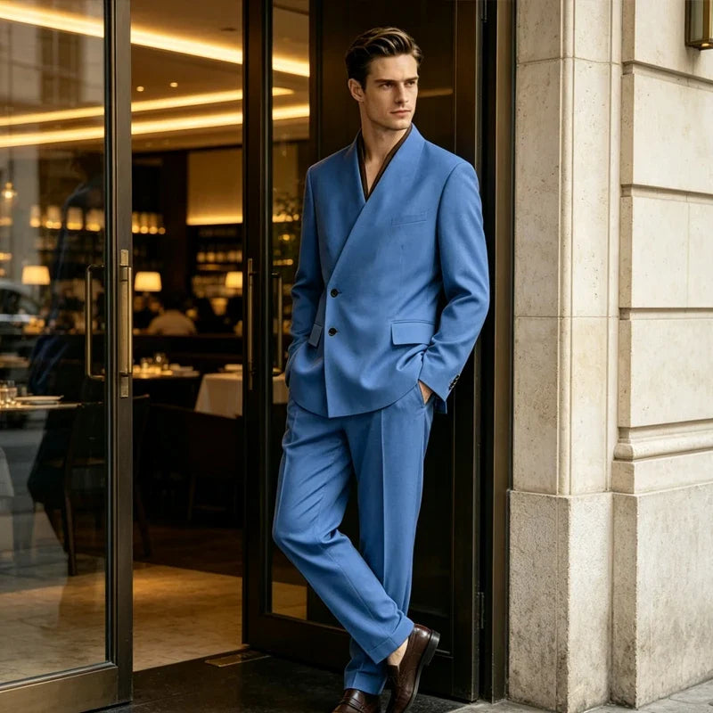 Men's 2-Piece Suit No Lapel Cross V-Neck Loose Blazer & Trousers – Wedding & Formal Occasions