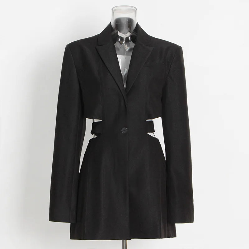 Women's Blazer Elegant Stylish Hollow Out Expose Waist Design Solid Color Patchwork Long-sleeved Slim Fit Suit-Coat HK28002