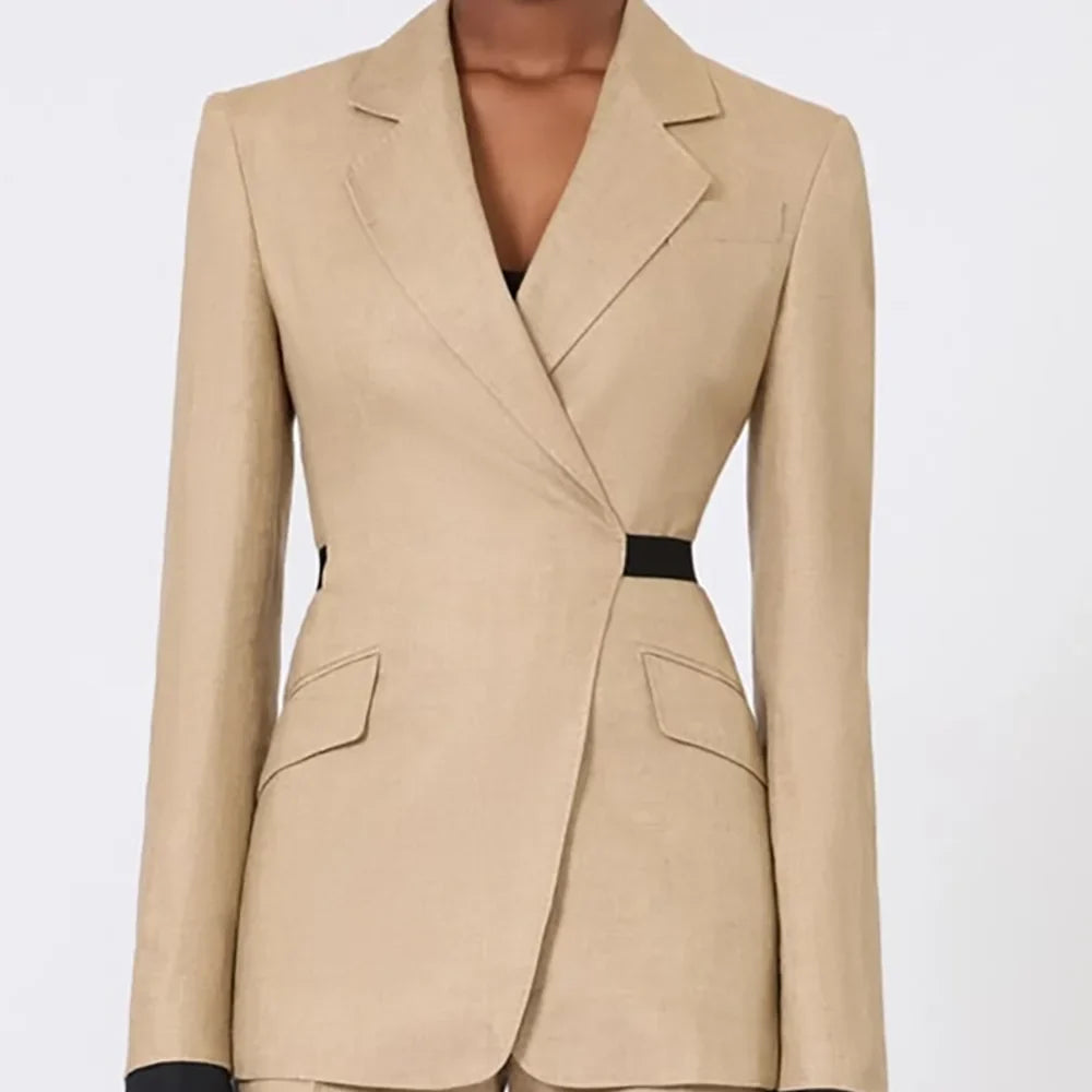 Women Suit Stand Collar Wrap Blazer With Black Belt Straight Leg Pants 2 Pieces Fashion Office Business Work Formal Lady Outfit