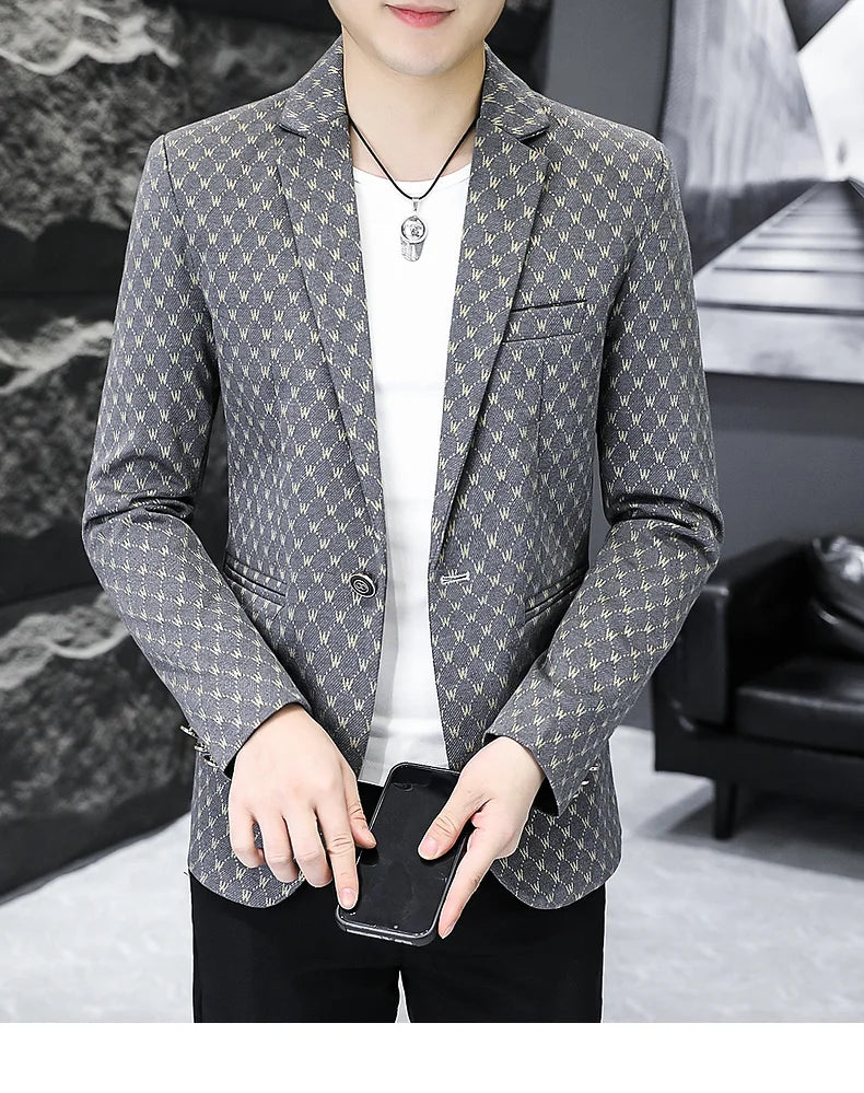 Korean Letter Print Men Blazers Brand 2024 Spring Casual Business Suit Jackets Slim Fit Street Wear Social Jacket Men Clothing