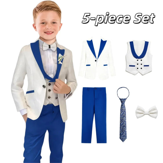 Boy's Jacquard Suit for Formal Occasion, Wedding Ring Bearer Suits, Luxury 5-Piece Set Jacket Vest Pants Bowtie & Tie