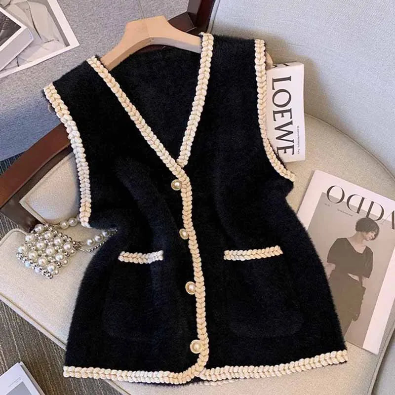 Spring And Autumn Annals Female New V-neck Knitted Mink Velvet Vest Women Xiaoxiangfeng Sweater V-neck Vest Shoulder Tops Jacket