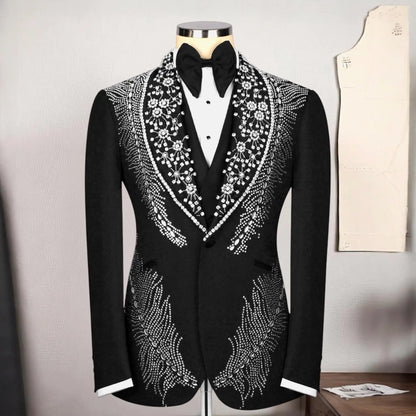 Suit For Man Black Custom Design, Wedding Crystal Embellished Tuxedo Set, Party Suit, Prom Men's Tuxedo, Stage Costume