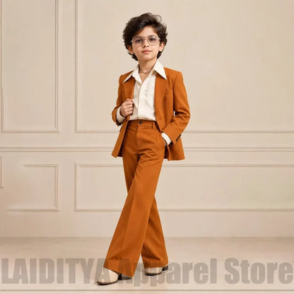 Kids Boys Vintage 2 Piece Suit Notched Collar Blazer Bell Bottom Pants Fashion Outfit For Wedding Birthday Party Tuxedo