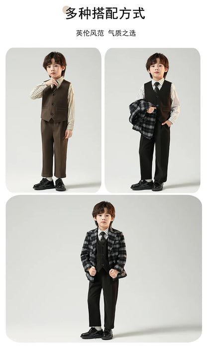 Boys British Double Breasted Blazer Jacket Pants Children Suit Waistcoat Wedding Clothes Sets Toddler Formal Dress Kids Tuxedos
