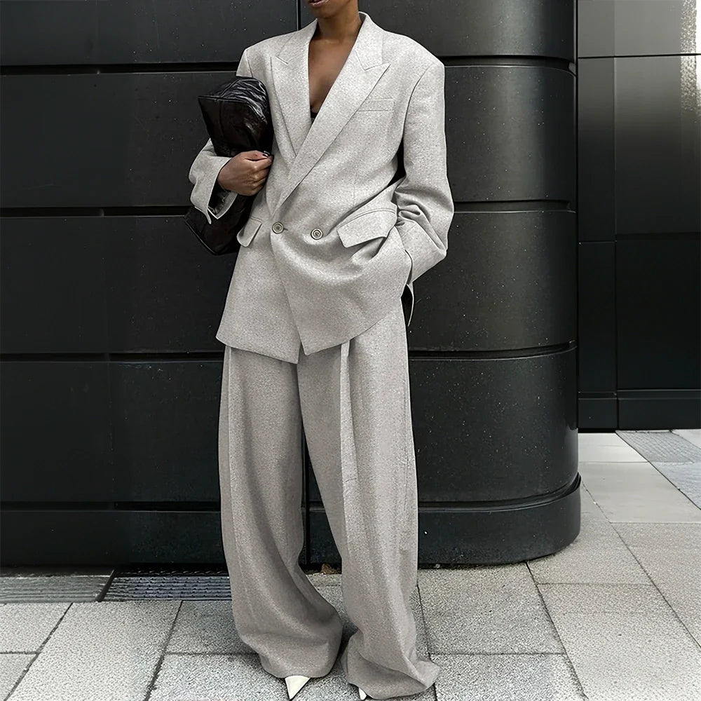 Gray Woolen Office Lady Suit Stretch-comfort Double-breasted Peak-lapel 2Pieces(Jacket+Pants) Casual Oversize Business Women Set