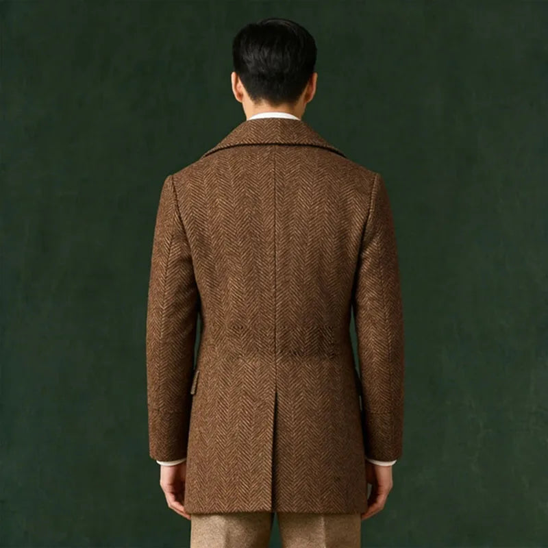 Men's Herringbone Tweed Overcoat Double-Breasted Wide Lapel Wool Blend Formal & Wedding Coat