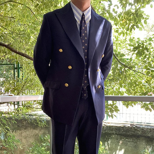 Veste de mariage pour homme bleu marine 1 pièce avec boutons dorés, revers en pointe, blazer personnalisé.