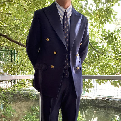 Double Gold Button 1 Piece Navy blue Jacket Wedding Groom Tuxedos Peak Lapel Design Blazer For Men Fashion Custom