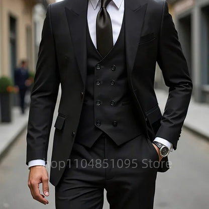 High Quality Men Wedding Suits Fashion Male Business Social Dance Party Dress Peak Lapel Blazers Pants with Vest for Party Prom