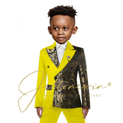 Black And Gold Floral Wedding Boys Suit Double Breasted Formal Kids Blazer Set Party Dress Child Tuxedo Jacket Pants 2 Piece Set