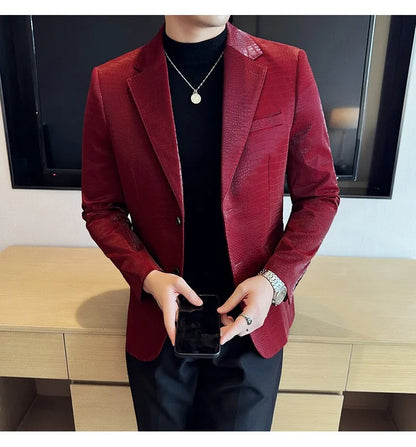 2026 Crocodile Patterned Leather Suit Jacket Men Slim Fit Business Casual Leather Jacket Wedding Groom Party Work Men Blazers