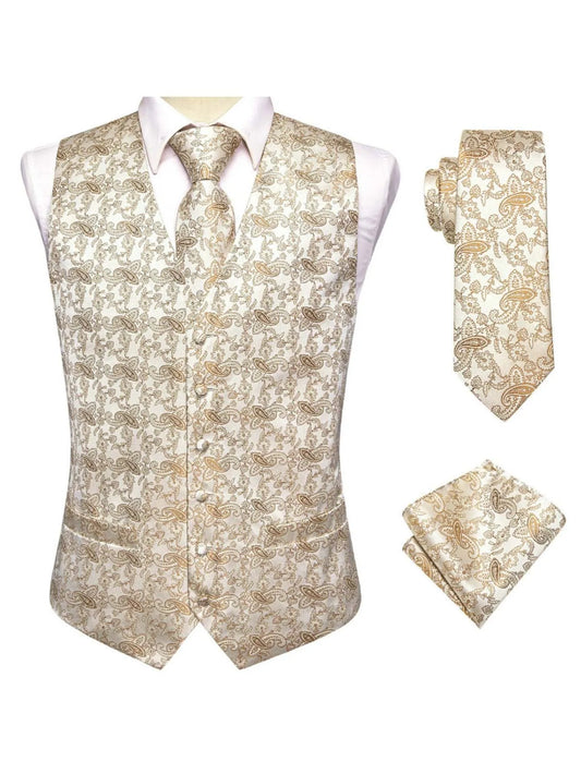 Men's Satin Jacquard Vest 3-Piece Set | Waistcoat, Tie & Pocket Square for Wedding & Banquet