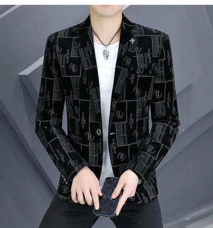 Autumn Luxury Corduroy Suit Jacket for Men Letter Printed Casual Business Men Blazers Slim Fit Social Banquet Party Dress Coats