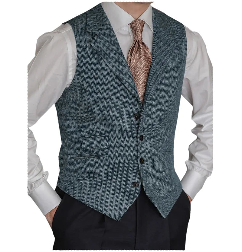 Men's Herringbone Vest – Slim Fit Tailored Collar Waistcoat for Men – Smart Casual & Wedding