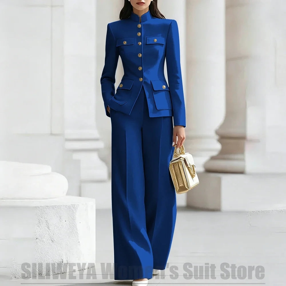 Women's Ivory Suit Mandarin Collar 2 Piece Military Style Gold Buttons Blazer Wide Leg Pants Wedding Party Prom Lady Suits