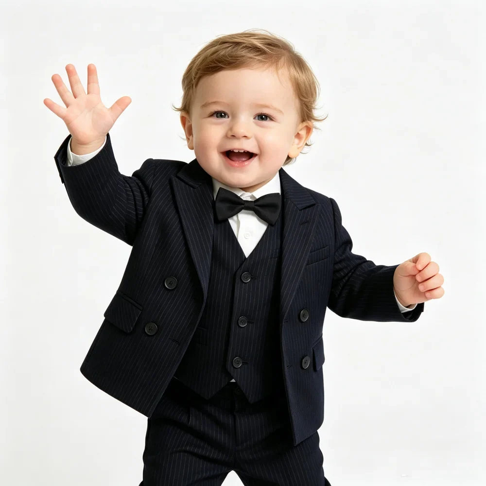 Boys Stripe Wedding Suit Set Kids Gentleman Costume Blazer Vest Pants Bow Tie Outfit for Banquet Christening Formal Party