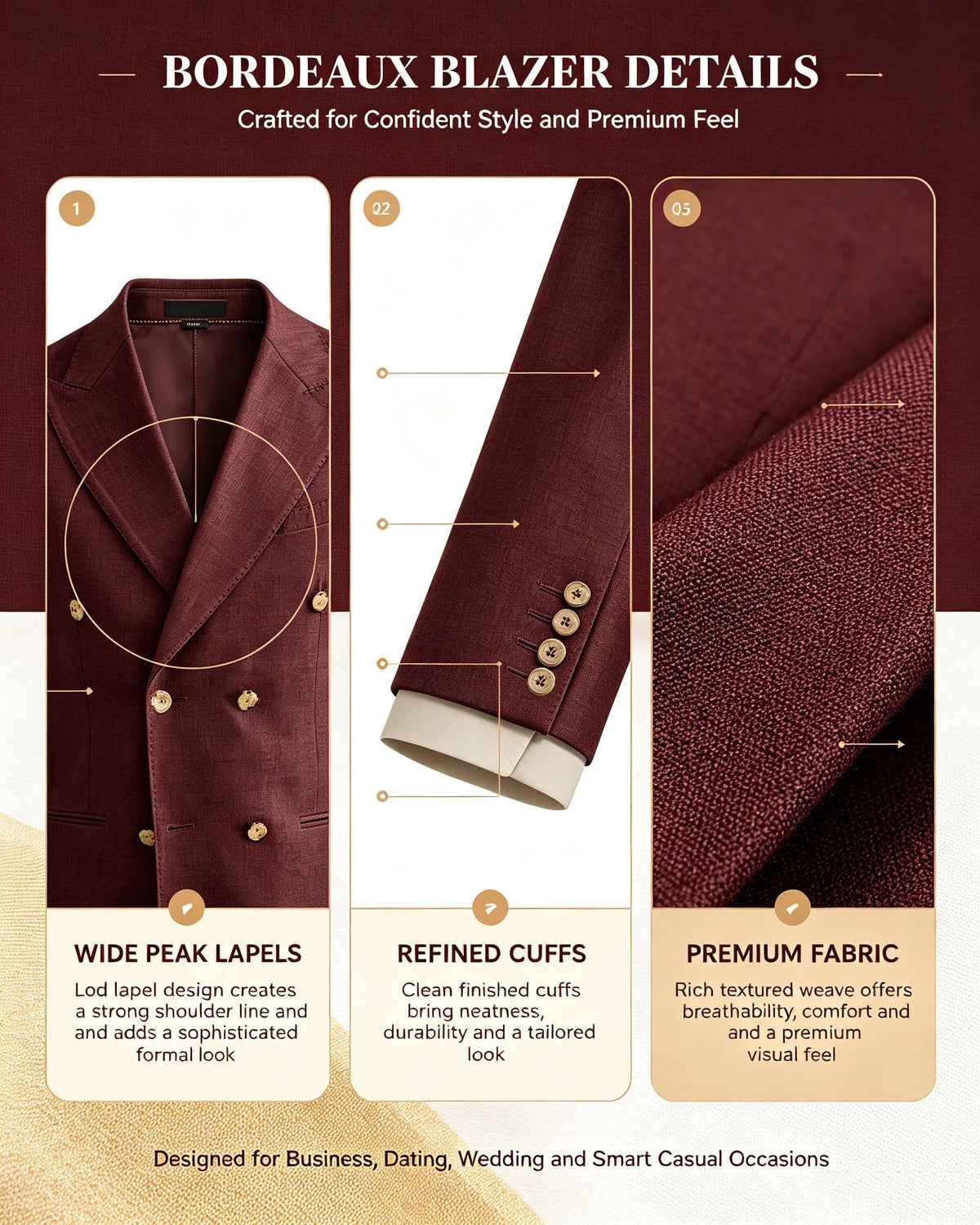 Burgundy Linen Blend Double Breasted Men's Blazer Peak Lapel Slim Fit Tailored Formal Men Suit Jacket For Wedding Groom Business
