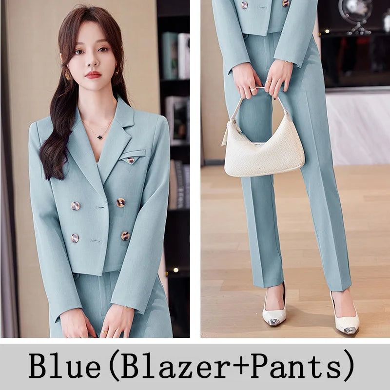 Blue Suit Women 2024 New Spring High End Fashion Temperament Professional Short Blazer And Pants Sets Office Ladies Work Wear