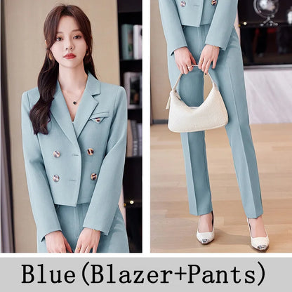 Blue Suit Women 2024 New Spring High End Fashion Temperament Professional Short Blazer And Pants Sets Office Ladies Work Wear