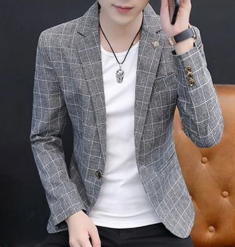 Men Autumn Plaid Blazer Korean Slim Fit Casual Suit Jacket Fashion Trendy Outerwear