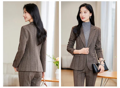 Gray Coffee Striped Ladies Formal Pant Suit Set Women Female Business Work Wear Long Sleeve 2 Piece Blazer Jacket And Trouser