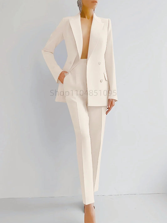Solid Women Fashion Long Sleeve Suit Double Breasted Jacket Pants Set Two Piece Set High Quality Temperament Women'S 2 Piece Set