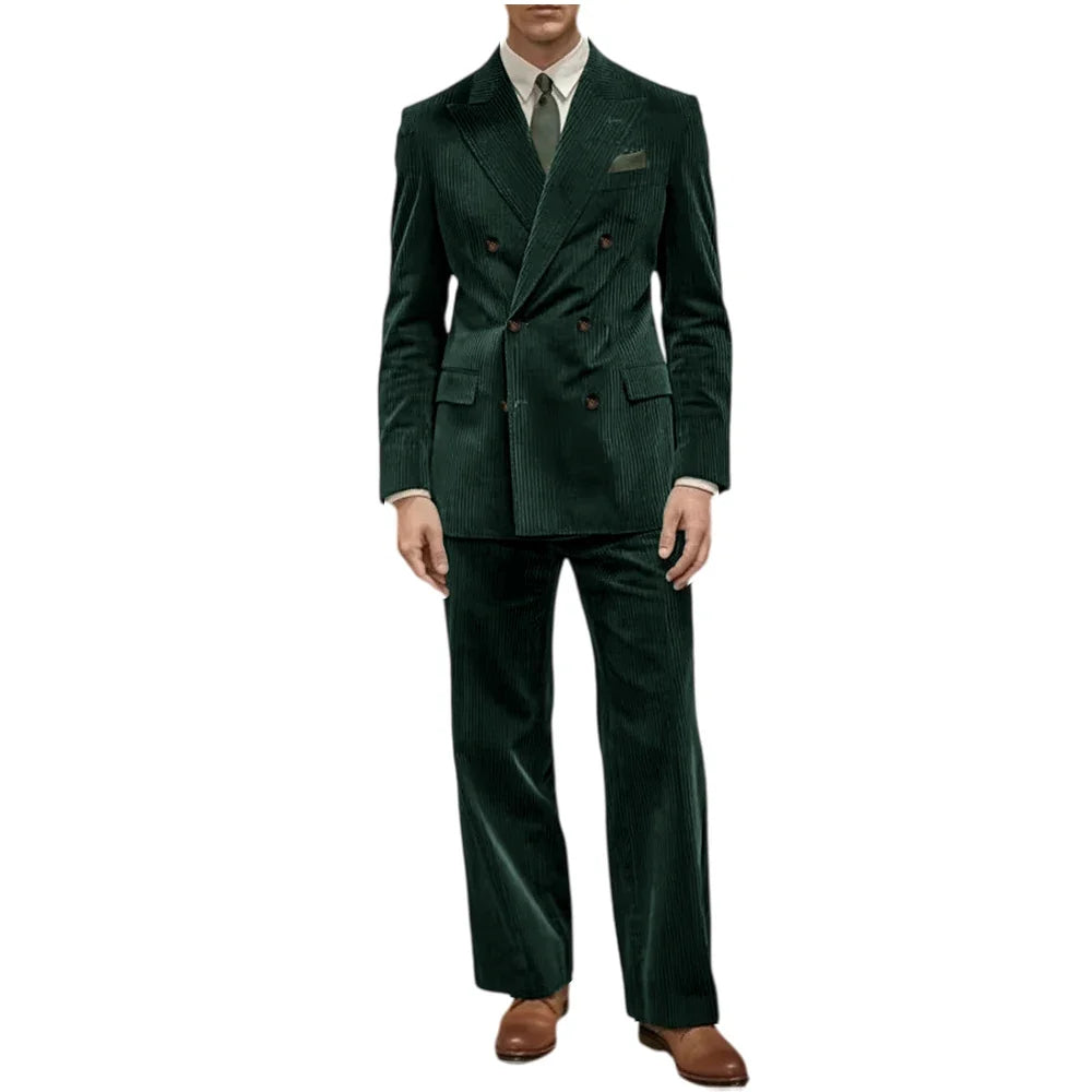 Men's Corduroy Suit 2 Piece Retro Double Breasted Peak Lapel Blazer Straight Leg Pants Formal Set Business Casual Wedding Party