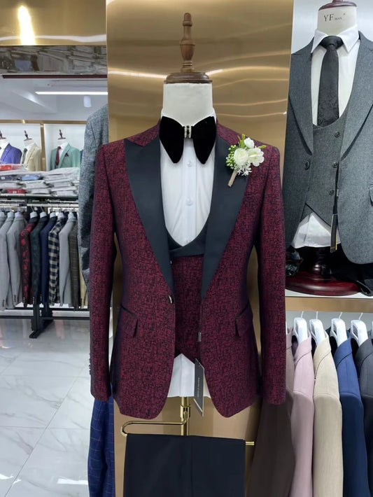 Customized Men's Formal Suit Set 3 Pieces Blazer Vest Pants For Stage Performance Classy Mature Jacquard Tuxedo Wedding Party