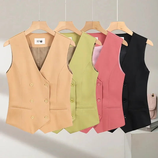 2025 Summer V-Neck Vest Women Thin Loose Waistcoat Double-breasted Sleeveless Blazer Female Slim Short Vest Femme Slim Buttons