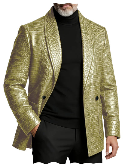 Men's Crocodile Embossed Leather Blazer Double Breasted Business Casual Brown Jacket Office Wear Formal Plus Size  Suit Coat