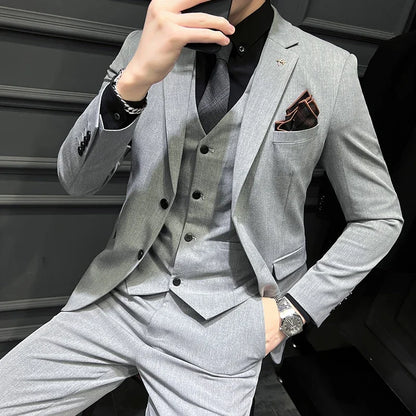 Men's Slim Fit 3-Piece Suit – Solid Color, Smart Casual & Wedding